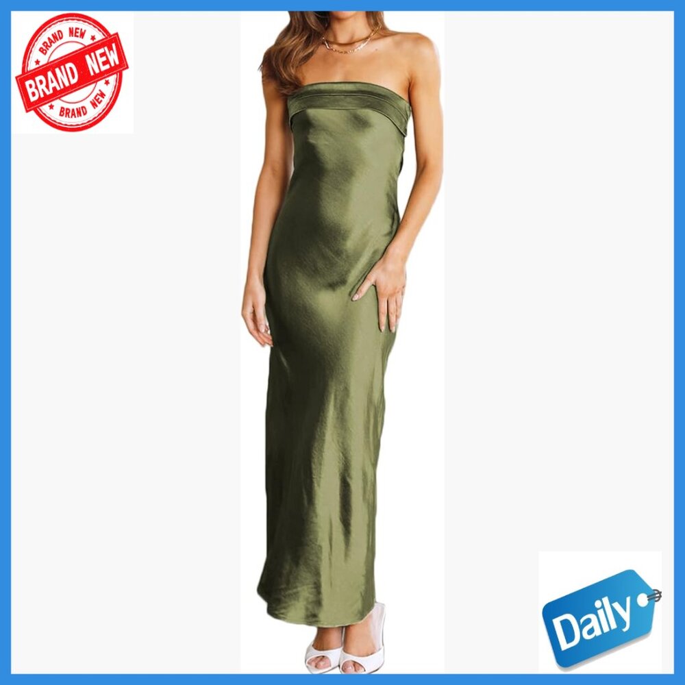Satin Strapless Maxi Dress Open Back Formal Wedding Guest Slim Fit